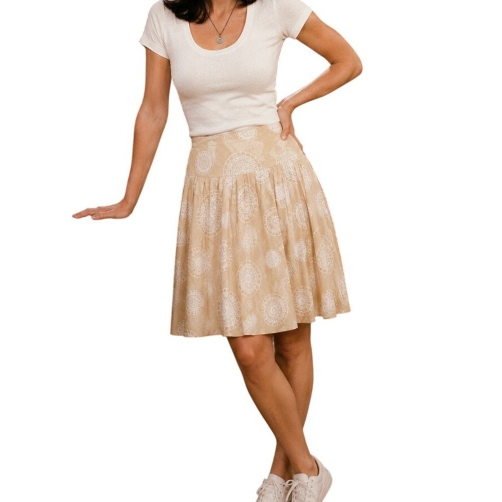 Vintage 1990s Silk Midi Skirt 6 Tan Boho A-Line Preppy Feminine Elevated Work